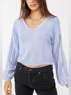 FreePeople When It Rains V Neck Sweater Blue Distressed Cropped Small Boho NWOT